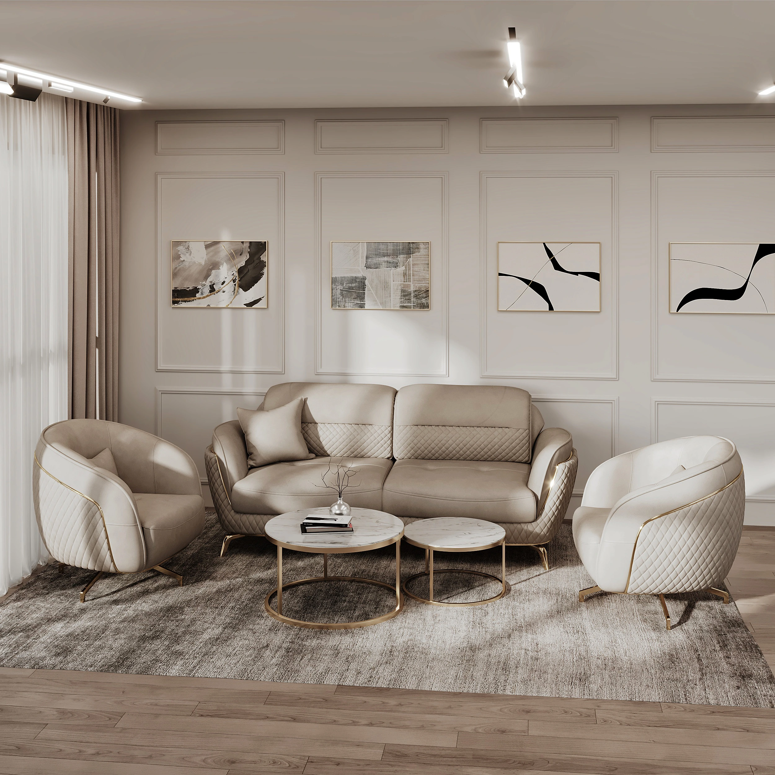 Quilted upholstery, golden accents