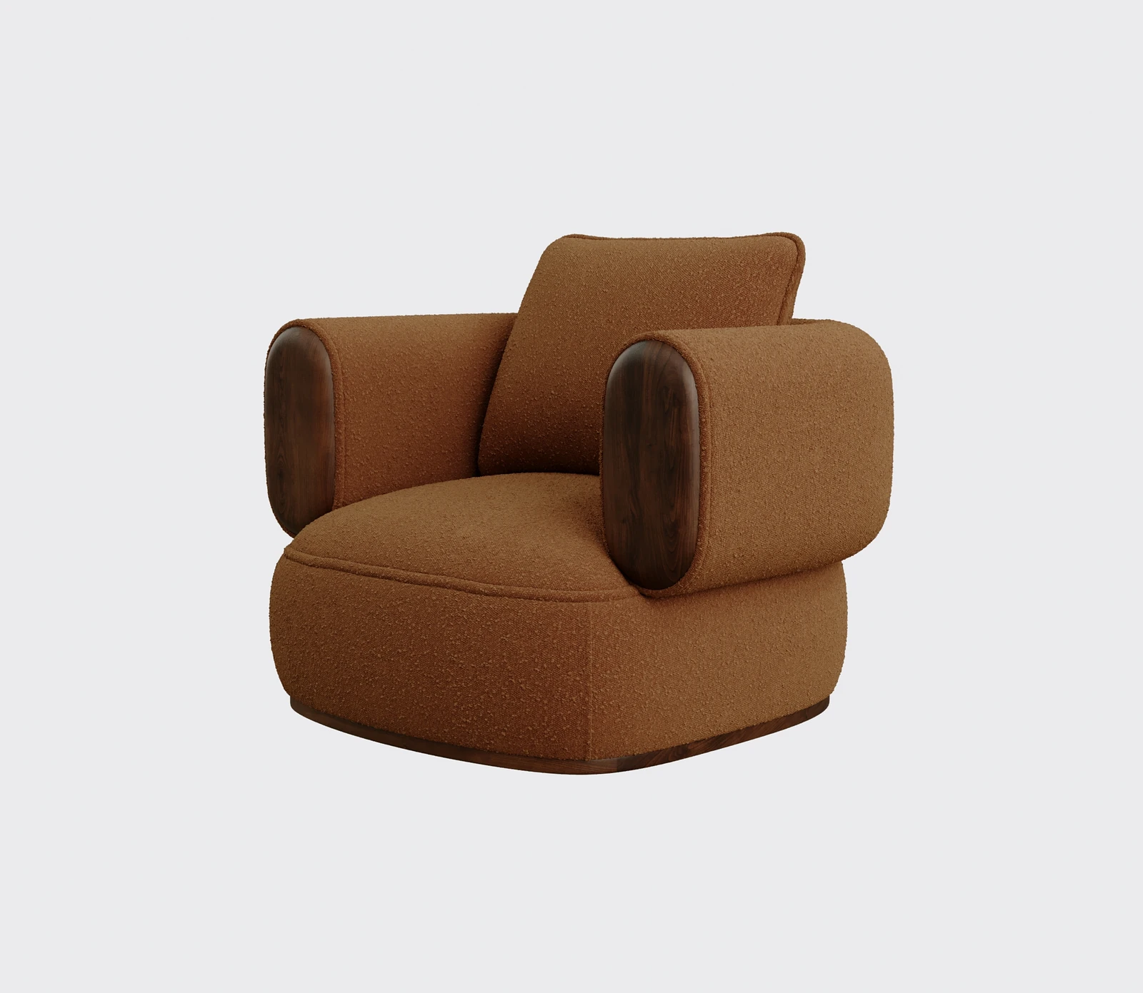 Brown upholstered chair with wood arm details